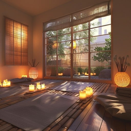 Tranquil meditation space with soft candlelight